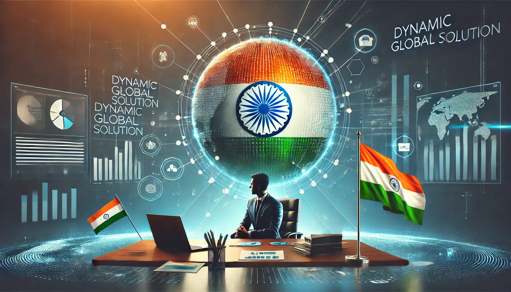 Technology services landing page hero section with a professional at a desk and a glowing globe